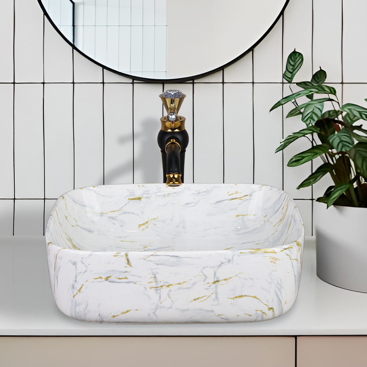 Designer Wash Basin For Bathroom | Ceramic Table Top Wash Basin | Counter Top Wash Basin For Restaurants, Home Living Room |41x31x14cm| Rectangle Shape