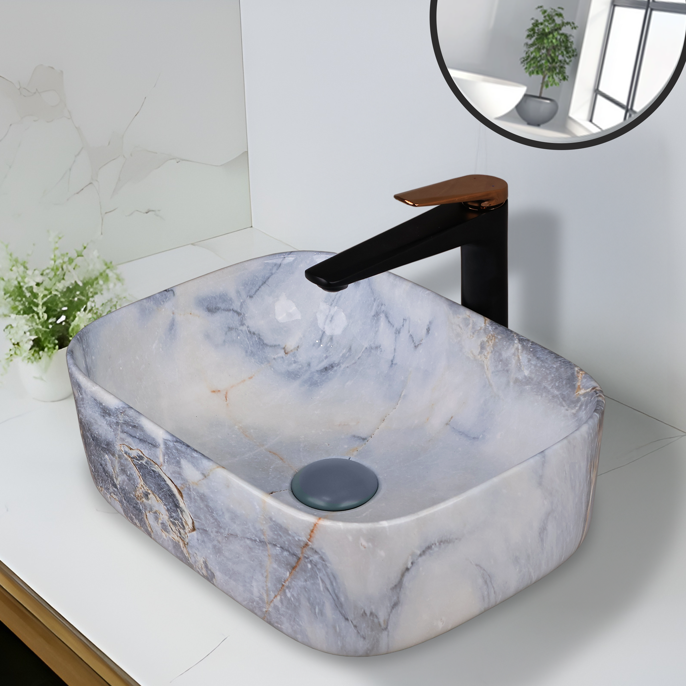 Designer Wash Basin For Bathroom | Ceramic Table Top Wash Basin | Counter Top Wash Basin For Restaurants, Home Living Room |41x31x14cm| Rectangle Shape