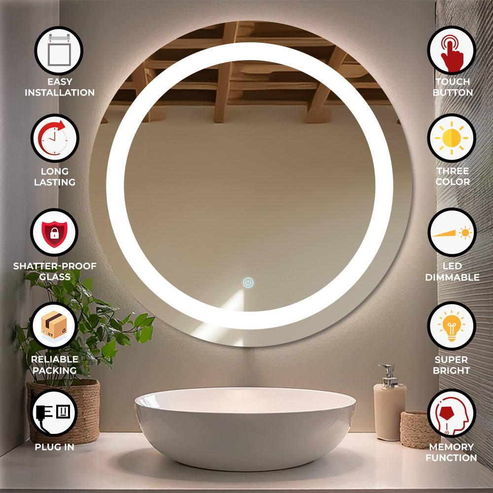 Germa LED Mirror for Bathroom with 3Lights Color Tone and Touch Sensor/Designer Mirror for Dressing,Living & Bed Room/Dimmable and Memory Function Wall Mirror–Round Shape (24x24Inch)