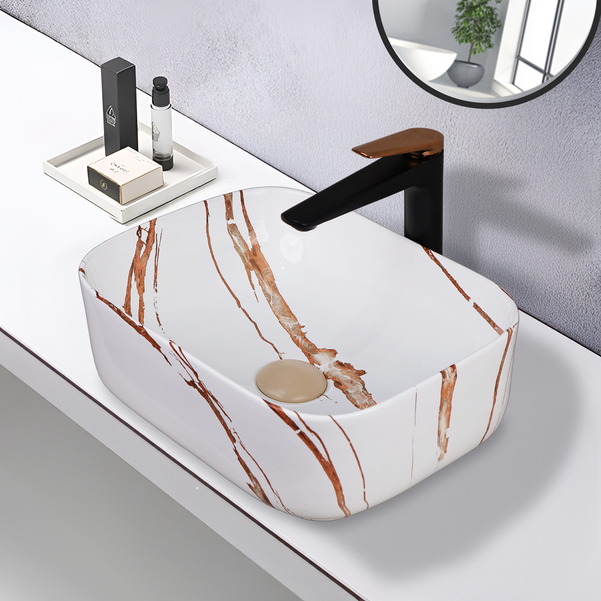 Designer Wash Basin For Bathroom | Ceramic Table Top Wash Basin | Counter Top Wash Basin For Restaurants, Home Living Room |41x31x14cm| Rectangle Shape