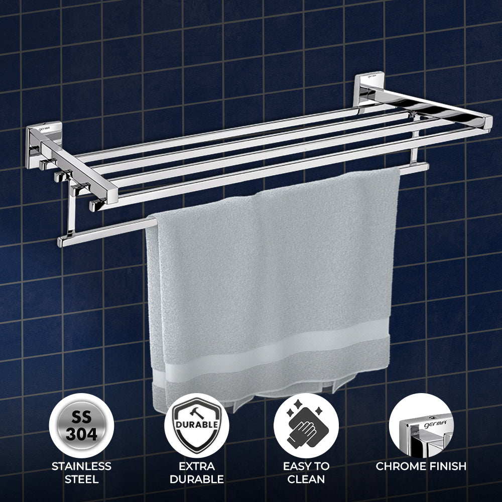 Germa Sanitarywares 304 Stainless Steel Towel Rack for Bathroom | Towel Hanger for Wash Room | Towel Stand | Bathroom Accessories (Chrome) - TR 9142 Towel Rack