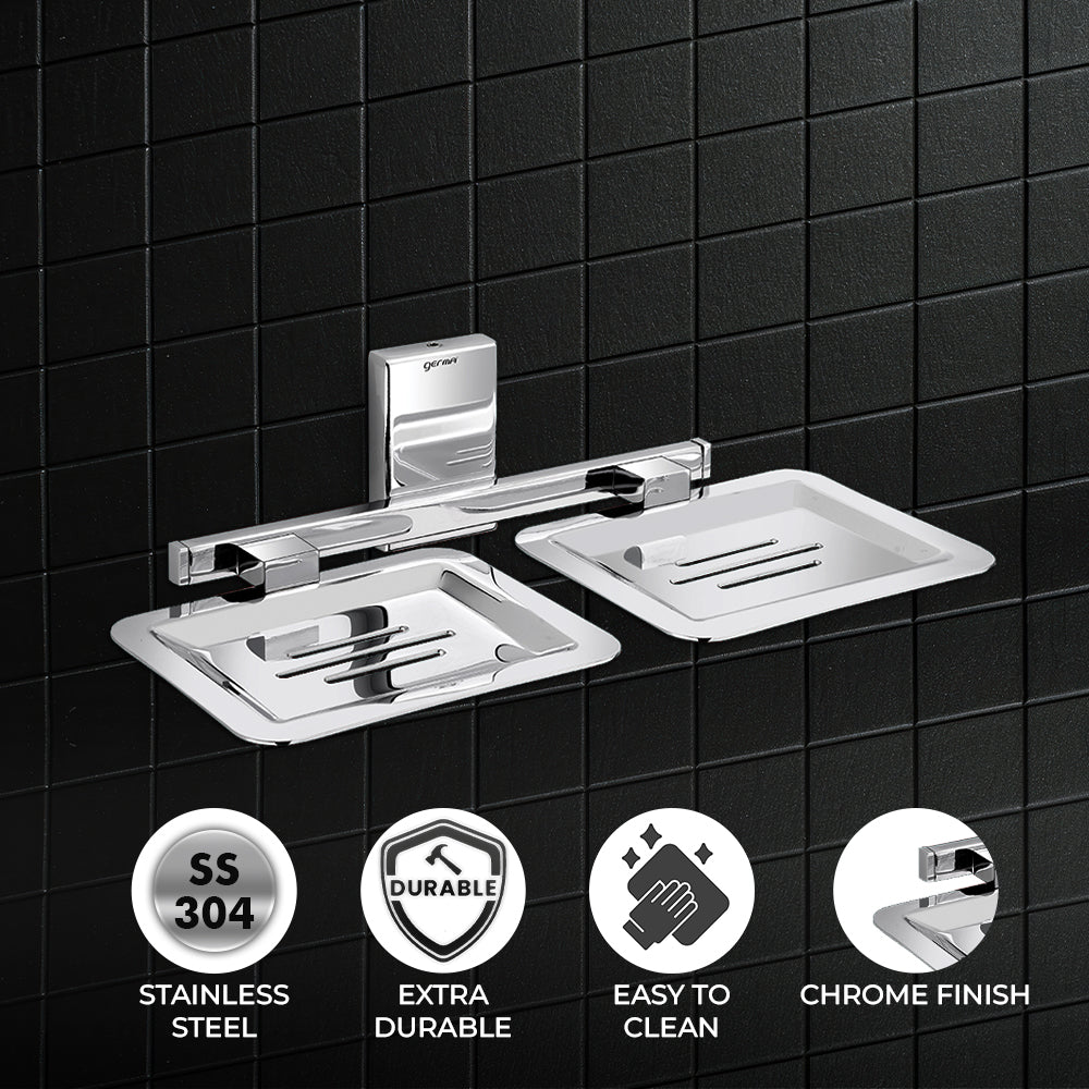 Germa Sanitarywares 304 Stainless Steel Double Soap Dish Holder for Bathroom | Soap Stand for Wash Room | Soap Case | Bathroom Accessories (Chrome) - TR 9109