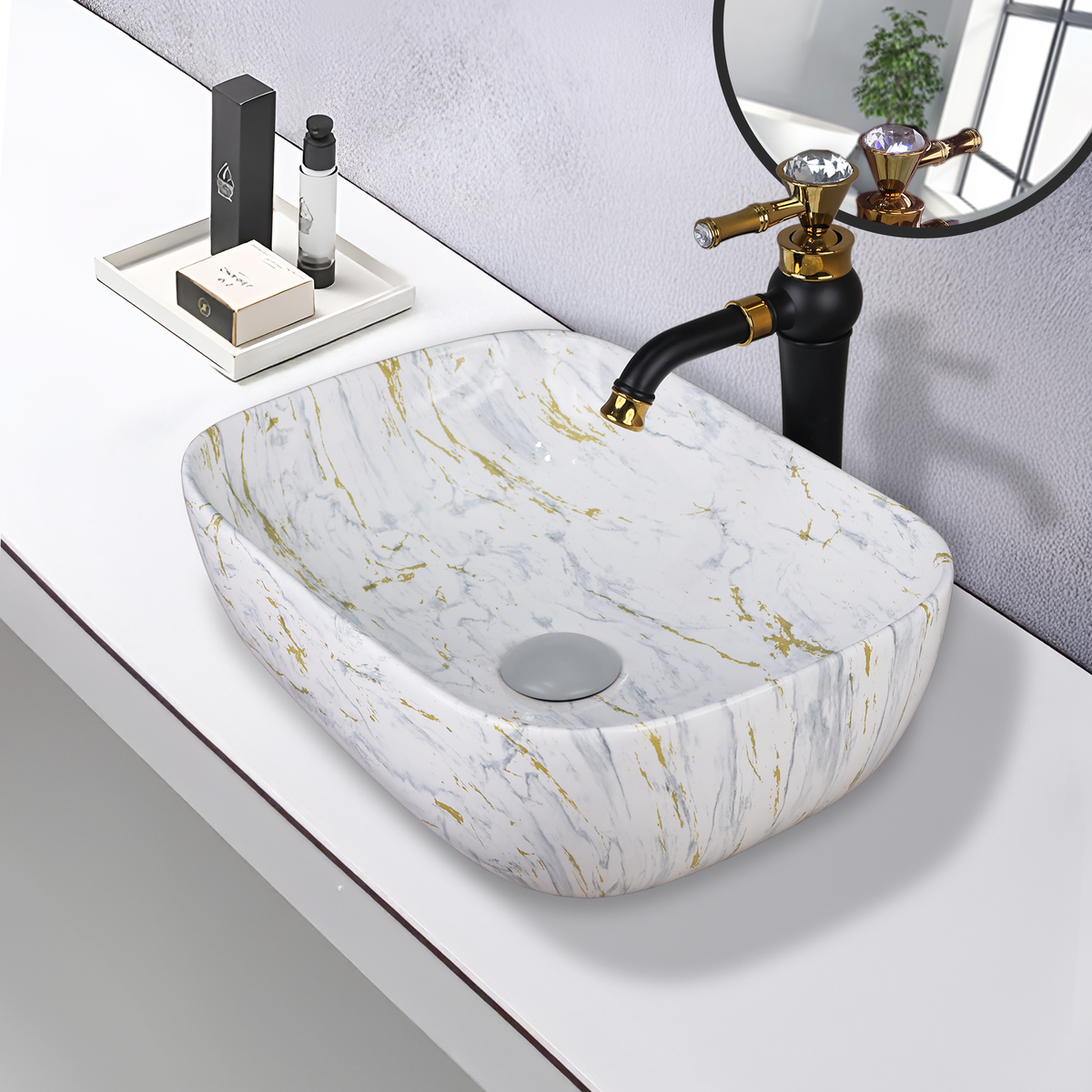 Germa Designer Wash Basin For Bathroom |Ceramic Table Top Wash Basin| Counter Top Basin For Restaurants,Living Room |45.5x32x14cm|Rectangle Shape