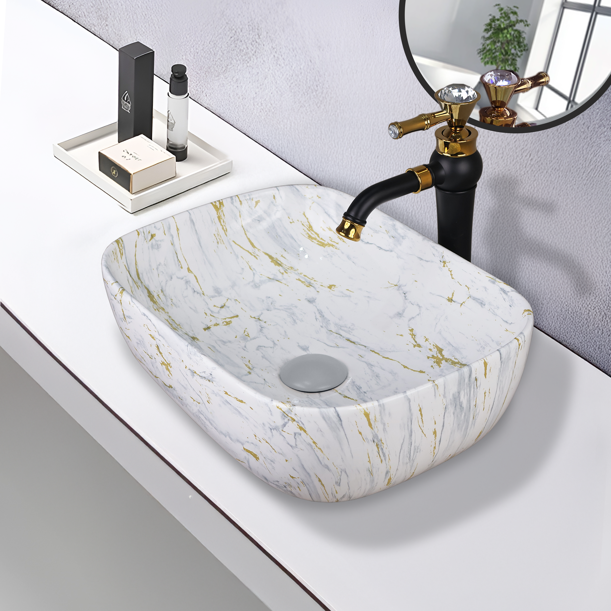 Germa Designer Wash Basin For Bathroom |Ceramic Table Top Wash Basin| Counter Top Basin For Restaurants,Living Room |45.5x32x14cm|Rectangle Shape