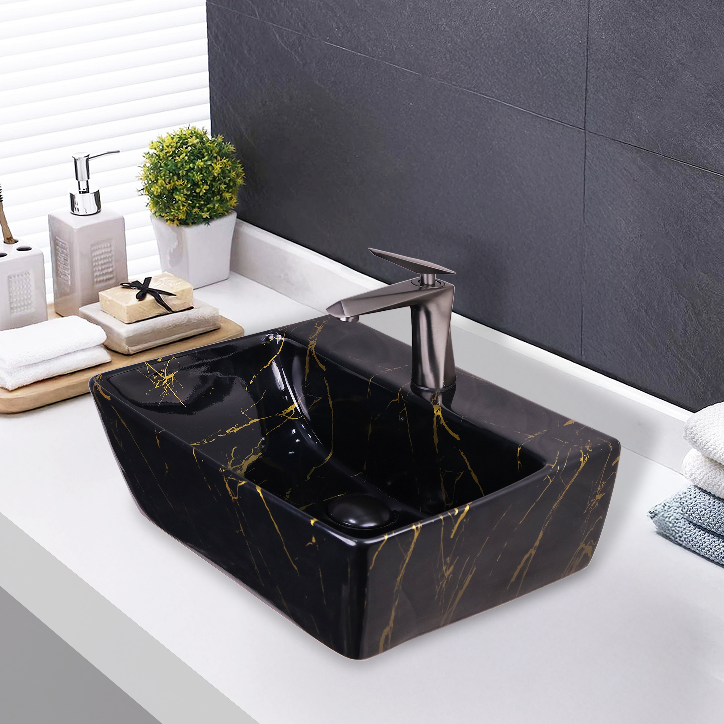 Germa Designer Wash Basin For Bathroom | Ceramic Table Top Wash Basin | Counter Top Wash Basin For Restaurants, Home Living Room |46x36x16cm| Rectangle Shape