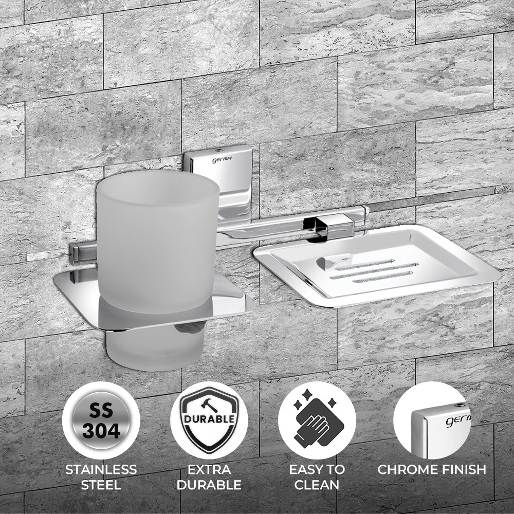 Germa Sanitarywares 304 Stainless Steel Soap Dish with Tumbler Holder for Bathroom | 2 in 1 Soap Holder with Tumbler Holder | Soap Dish | Tumbler Holder | Bathroom Accessories (Chrome) - TR 9110 Soap Dish + Tumbler Holder