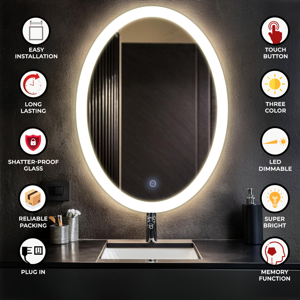 Germa LED Mirror for Bathroom with 3Lights Color Tone and Touch Sensor/Designer Mirror for Bathroom Living & Bed Room/Dimmable and Memory Function Wall Mirror–Oval Shape(18x24Inch) - TR 7554 EDGE LIGHT