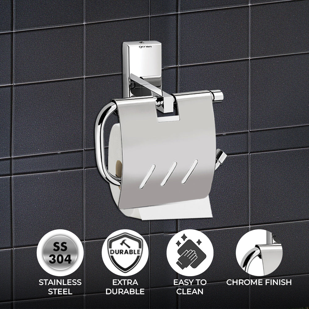 Germa Sanitarywares 304 Stainless Steel Toilet Paper Holder with Flap Guard for Bathroom | Toilet Tissue Paper Holder | Tissue Paper Bundle Holder | Paper Roll Holder | Bathroom Accessories (Chrome) - TR 9108 Paper Holder With Flap Guard
