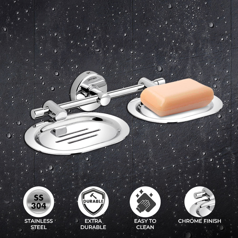 Germa Sanitarywares 304 Stainless Steel Double Soap Dish Holder for Bathroom | Soap Stand for Wash Room | Soap Case | Soap Dish | Bathroom Accessories (Chrome) - TR 9129 Double Soap Dish