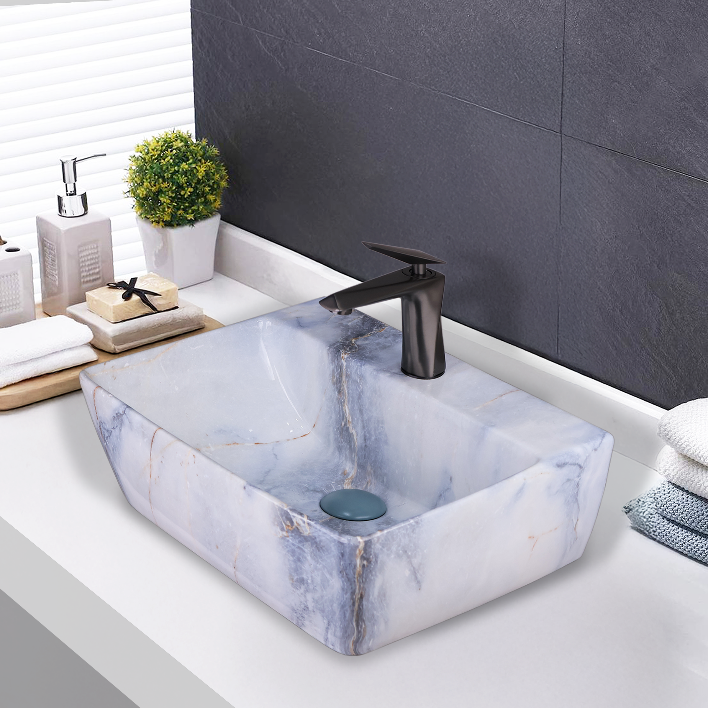 Germa Designer Wash Basin For Bathroom | Ceramic Table Top Wash Basin | Counter Top Wash Basin For Restaurants, Home Living Room |46x36x16cm| Rectangle Shape