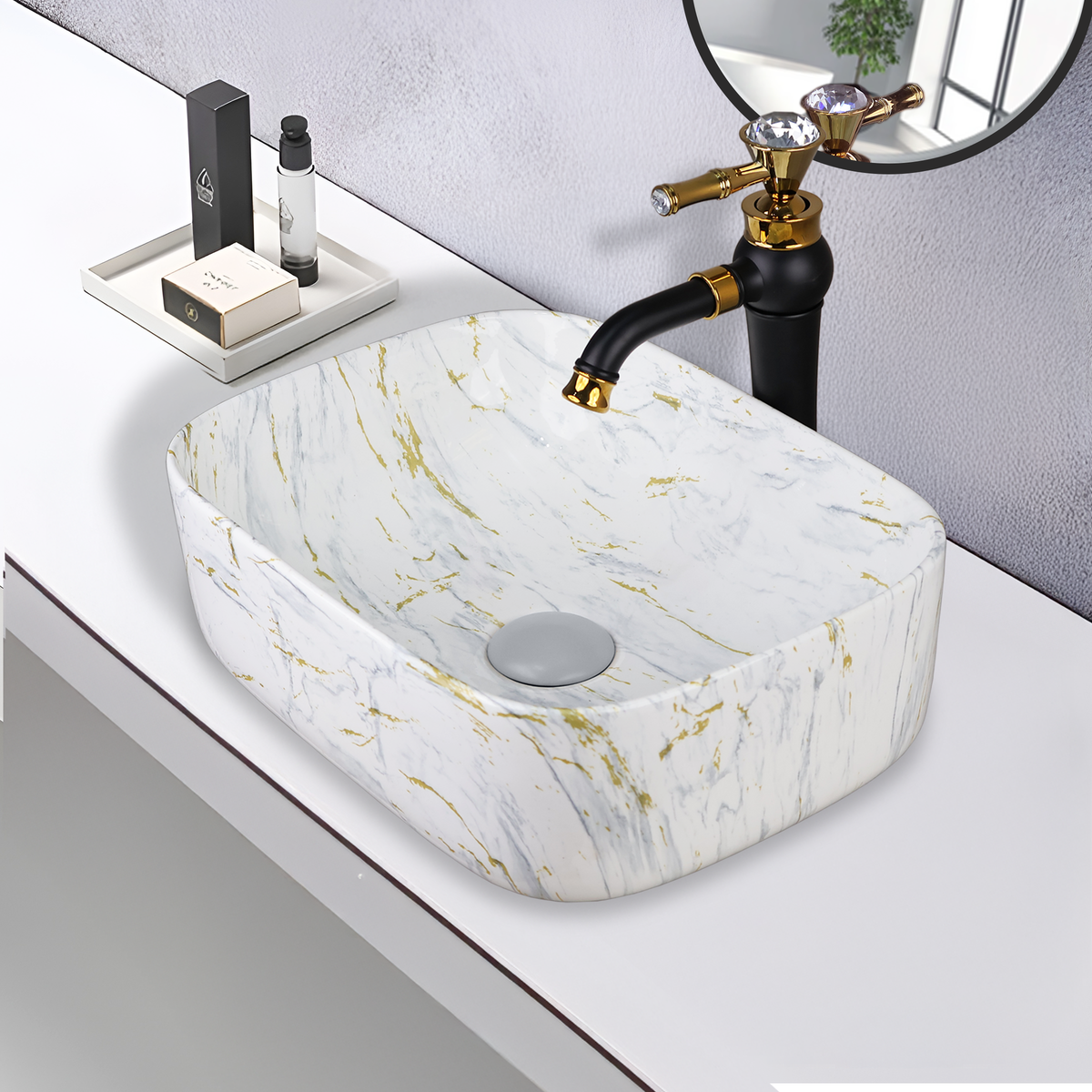 Designer Wash Basin For Bathroom | Ceramic Table Top Wash Basin | Counter Top Wash Basin For Restaurants, Home Living Room |41x31x14cm| Rectangle Shape