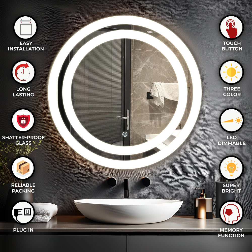 Germa Dual Line LED Mirror for Bathroom with 3Lights Color Tone and Touch Sensor/Designer Mirror for Living&Bed Room/Dimmable and Memory Function Wall Mirror–Round Shape 24x24Inch
