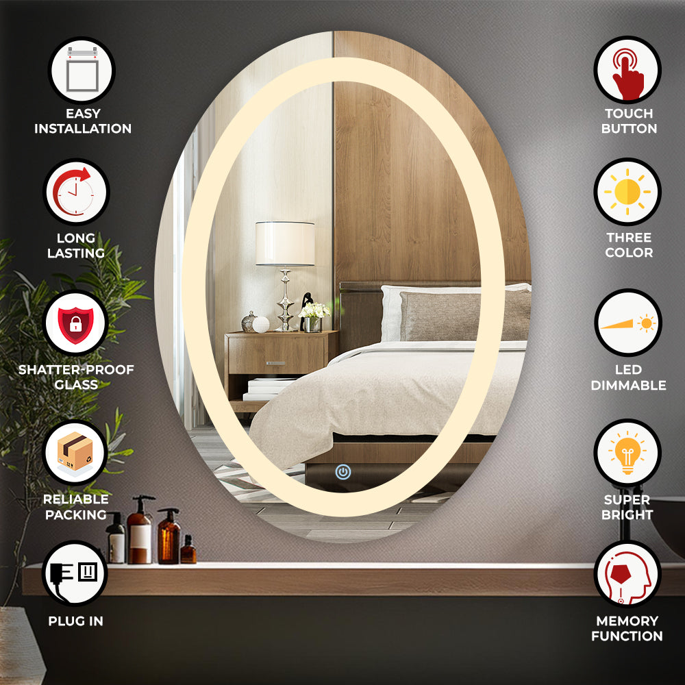 Germa LED Mirror for Bathroom with 3Lights Color Tone and Touch Sensor/Led Mirror for Bathroom Living & Bed Room/Dimmable and Memory Function Wall Mirror–Oval Shape(18x24Inch) TR LED 7554