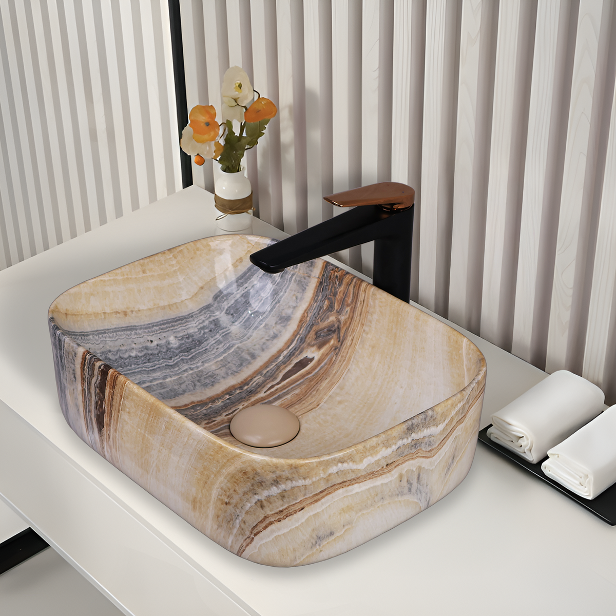 Designer Wash Basin For Bathroom | Ceramic Table Top Wash Basin | Counter Top Wash Basin For Restaurants, Home Living Room |41x31x14cm| Rectangle Shape