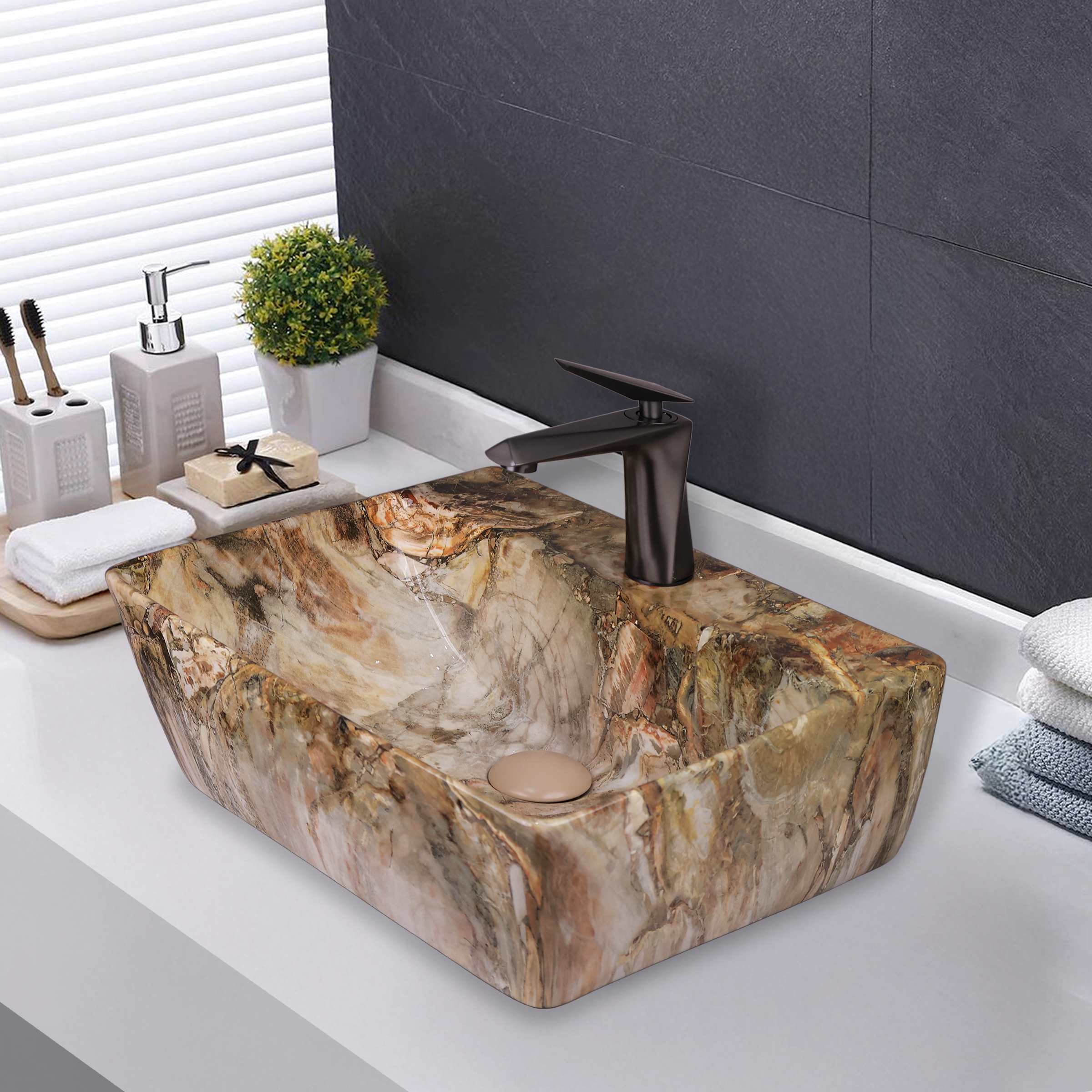 Germa Designer Wash Basin For Bathroom | Ceramic Table Top Wash Basin | Counter Top Wash Basin For Restaurants, Home Living Room |46x36x16cm| Rectangle Shape