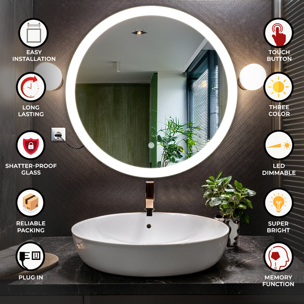 Germa Edge Light LED Mirror for Bathroom with 3Lights Color Tone and Touch Sensor/Designer Mirror for Dressing,Living & Bed Room/Dimmable and Memory Function Wall Mirror–Round(24x24Inch) TR LED 7551 EDGE LIGHT
