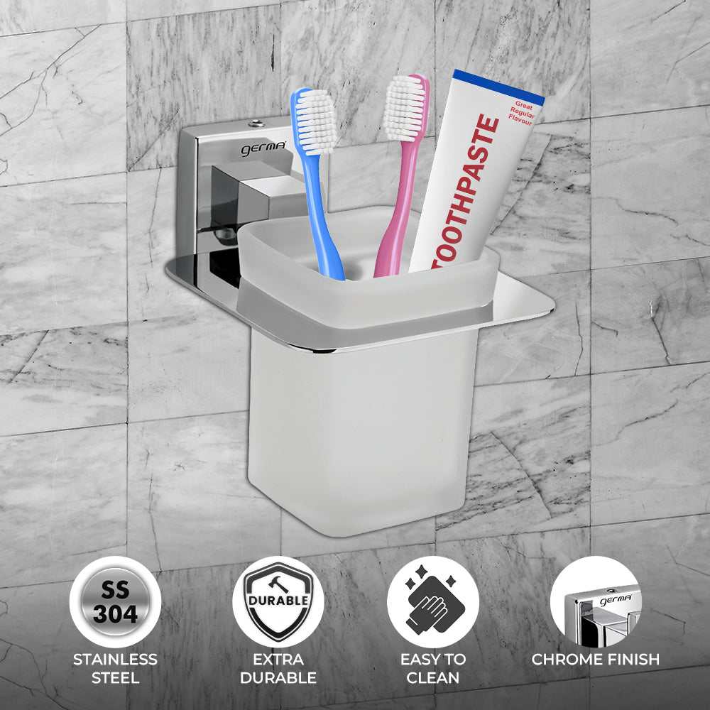 Germa Sanitarywares 304 Stainless Steel Tumbler Holder for Bathroom | Toothpaste and Brush Holder for Wash Room | Glass Tumbler Stand | Bathroom Accessories (Chrome) - TR 9146 Tumbler Holder (Glass)