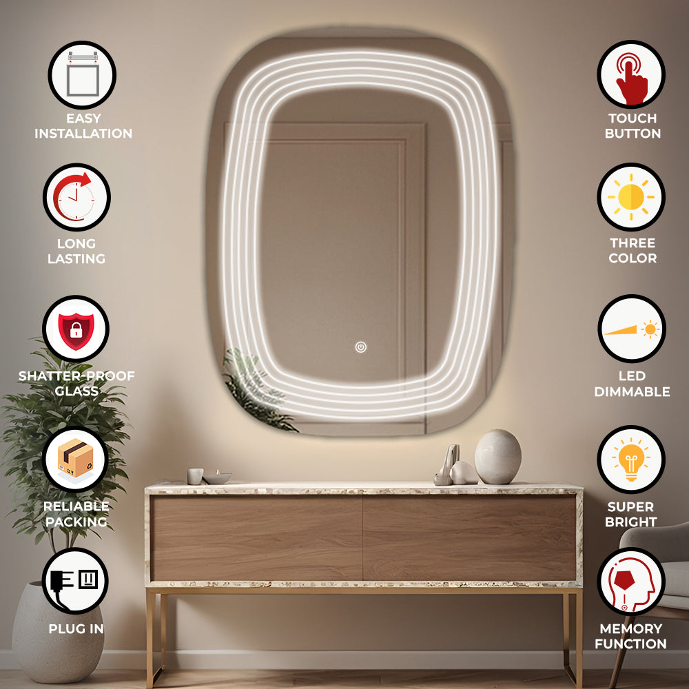 Germa Four Line LED Mirror for Bathroom with 3Lights Color Tone and Touch Sensor/Designer Mirror for Living&Bed Room/Dimmable and Memory Function Wall Mirror–Rectangular Shape(18x24Inch) - TR LED 7571-4 Line