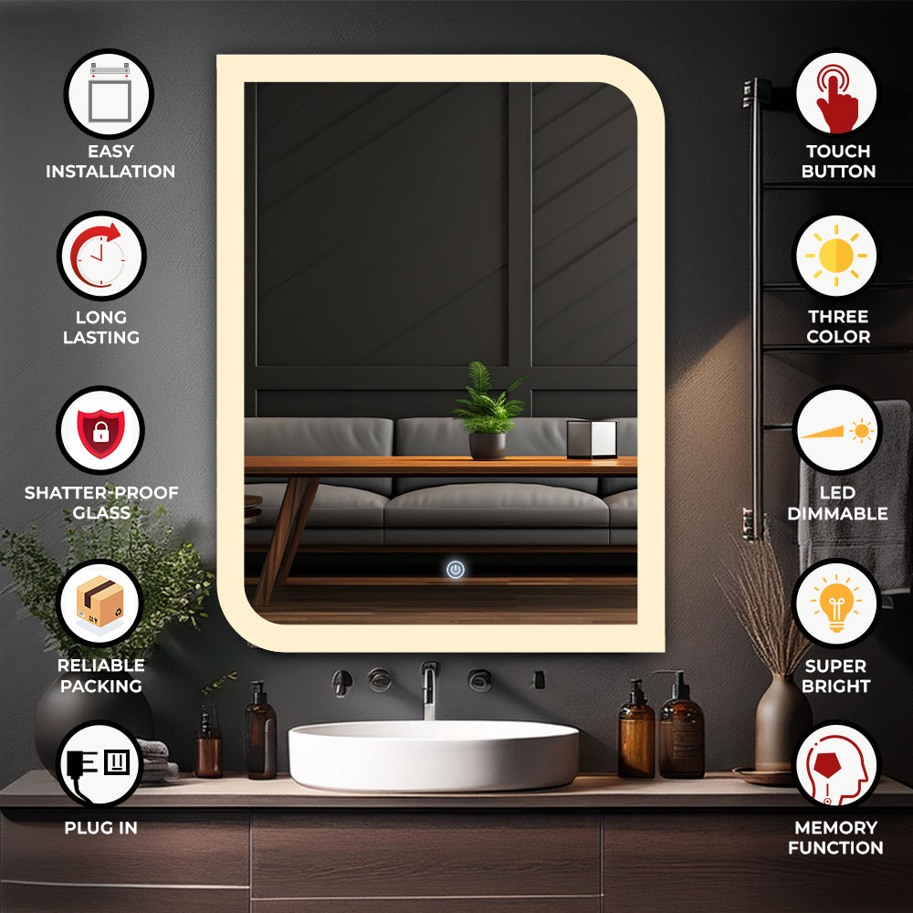 Germa One Side Curve Edge LED Mirror for Bathroom with 3Lights Color Tone and Touch Sensor/Designer Mirror for Living&Bed Room/Dimmable and Memory Function - Edge Light (18x24Inch) - TR LED 7557- Edge Light