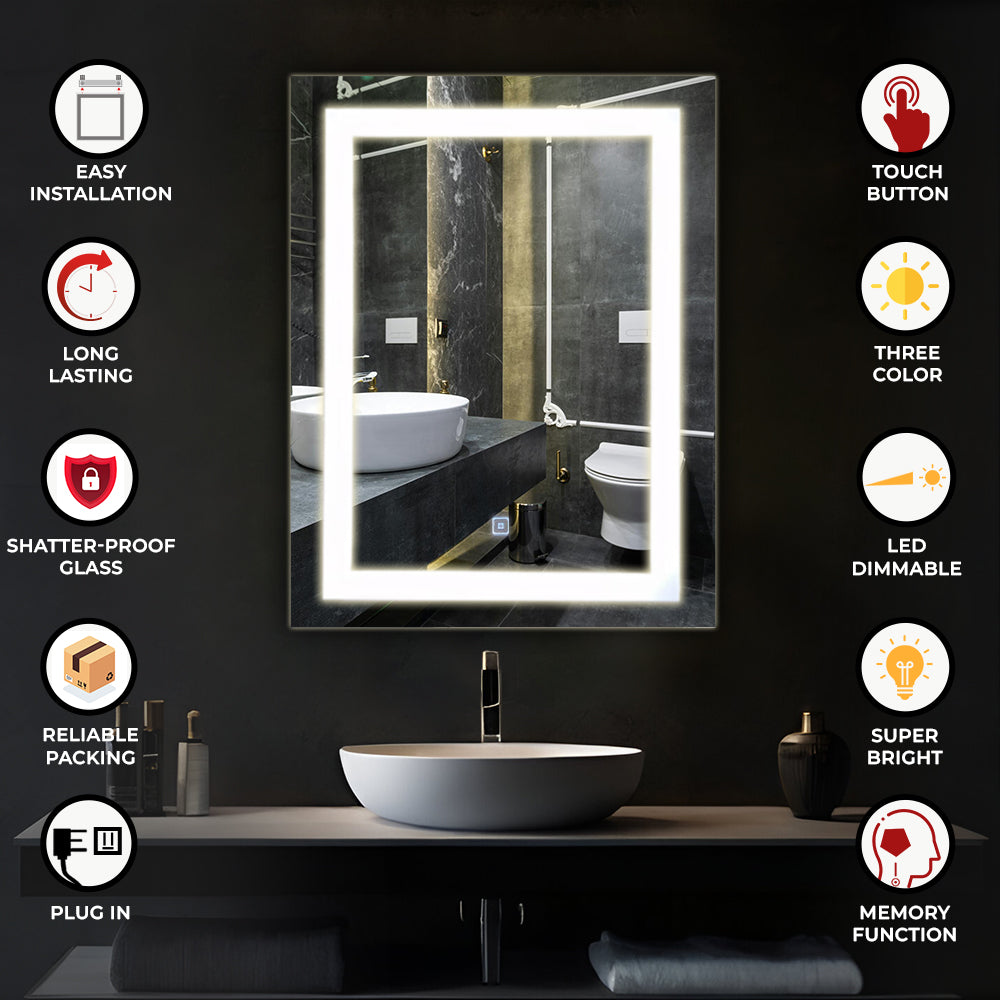 Germa LED Mirror for Bathroom with 3Lights Color Tone and Touch Sensor/Designer Mirror for Living & Bed Room/Dimmable and Memory Function Wall Mirror–Rectangular Shape(18x24Inch) - TR LED 7552