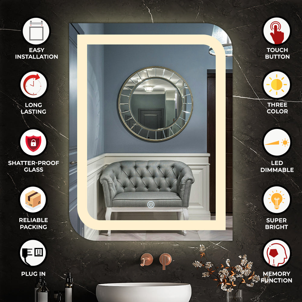 Germa One Side Curve Edge LED Mirror for Bathroom with 3Lights Color Tone and Touch Sensor/Designer Mirror for Living&Bed Room/Dimmable and Memory Function - Rectangle(18x24Inch) - TR LED 7557