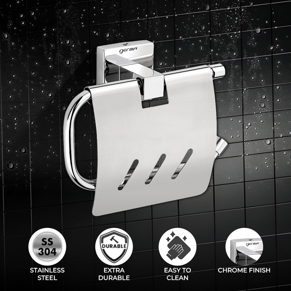 Germa Sanitarywares 304 Stainless Steel Toilet Paper Holder with Flap Guard for Bathroom | Toilet Tissue Paper Holder | Tissue Paper Roll Holder | Paper Bundle Holder | Bathroom Accessories (Chrome) - TR 9148 Paper Holder With Flap Guard