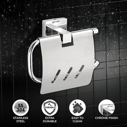 Germa Sanitarywares 304 Stainless Steel Toilet Paper Holder with Flap Guard for Bathroom | Toilet Tissue Paper Holder | Tissue Paper Roll Holder | Paper Bundle Holder | Bathroom Accessories (Chrome) - TR 9148 Paper Holder With Flap Guard