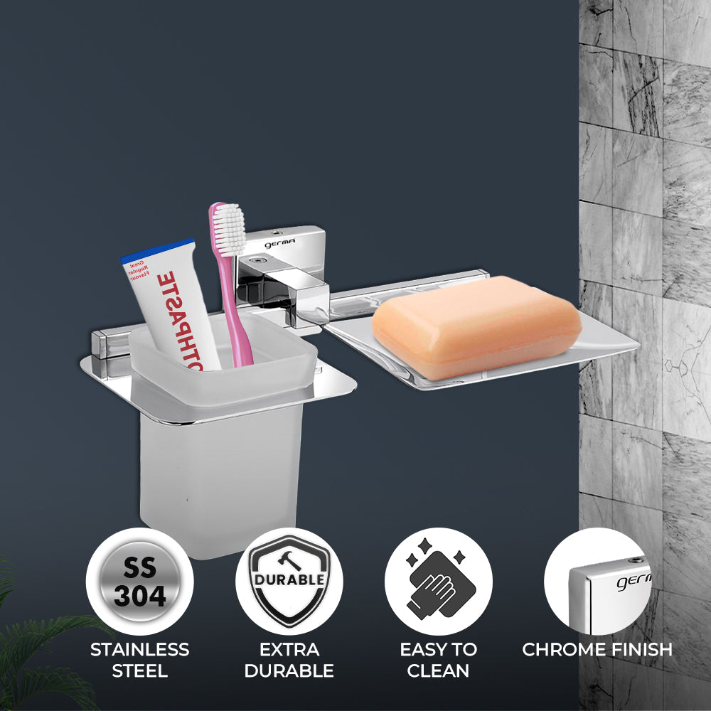 Germa Sanitarywares 304 Stainless Steel Soap Dish with Tumbler Holder for Bathroom | 2 in 1 Soap Holder with Tumbler Holder | Tumbler Holder | Soap Dish | Bathroom Accessories (Chrome) - TR 9130 Soap Dish + Tumbler Holder (Glass)