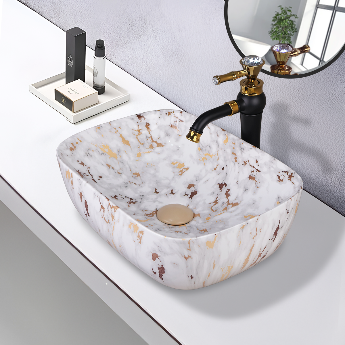 Germa Designer Wash Basin For Bathroom |Ceramic Table Top Wash Basin| Counter Top Basin For Restaurants,Living Room |45.5x32x14cm|Rectangle Shape