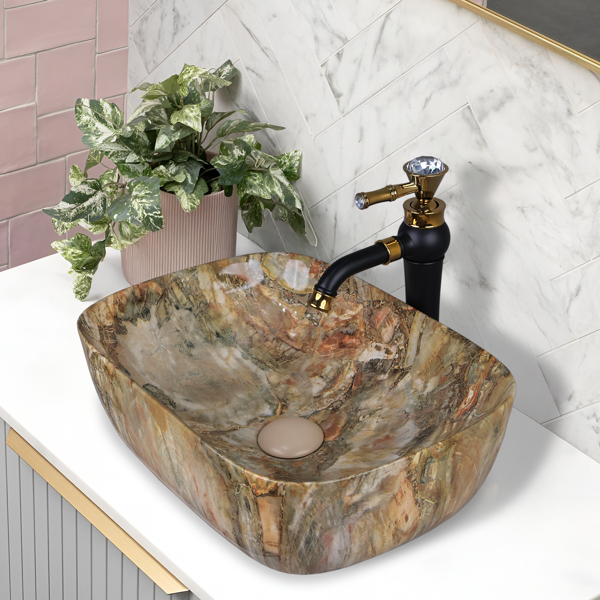 Germa Designer Wash Basin For Bathroom |Ceramic Table Top Wash Basin| Counter Top Basin For Restaurants,Living Room |45.5x32x14cm|Rectangle Shape