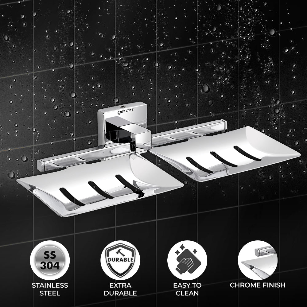 Germa Sanitarywares 304 Stainless Steel Double Soap Dish Holder for Bathroom | Soap Case for Wash Room | Soap Stand | Bathroom Accessories (Chrome)