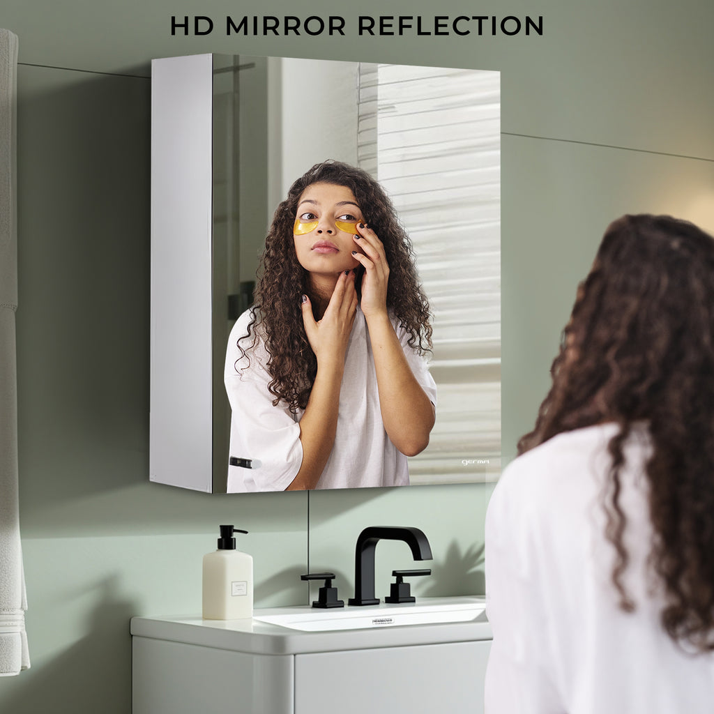Germa Sanitaryware Premium 304 Grade Stainless Steel Bathroom Mirror Cabinet with Storage | Sleek Wall-Mounted Medicine Mirror Cabinet | Shelf with Mirror | Bathroom Organiser Chrome (12x18 Inch)