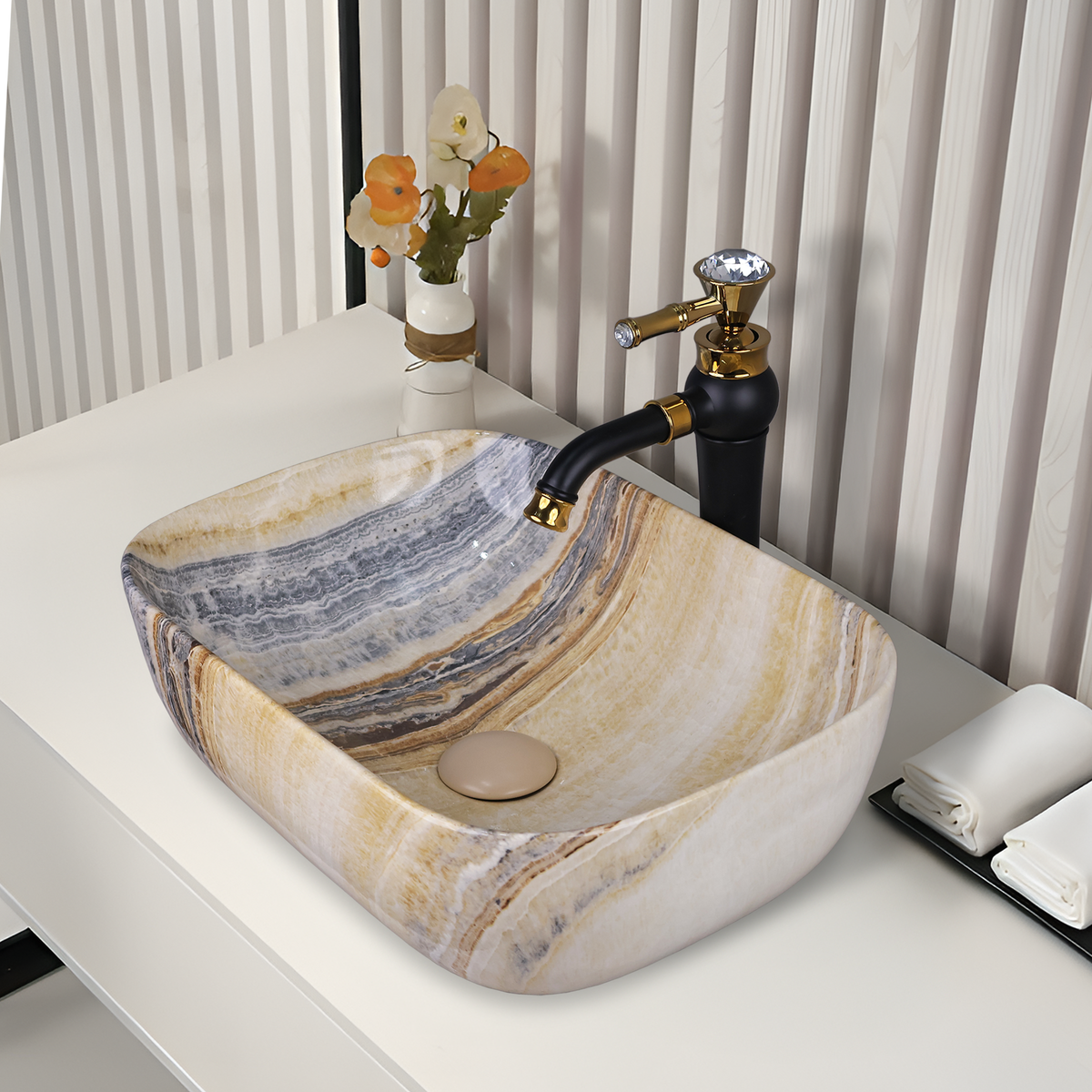Germa Designer Wash Basin For Bathroom |Ceramic Table Top Wash Basin| Counter Top Basin For Restaurants,Living Room |45.5x32x14cm|Rectangle Shape