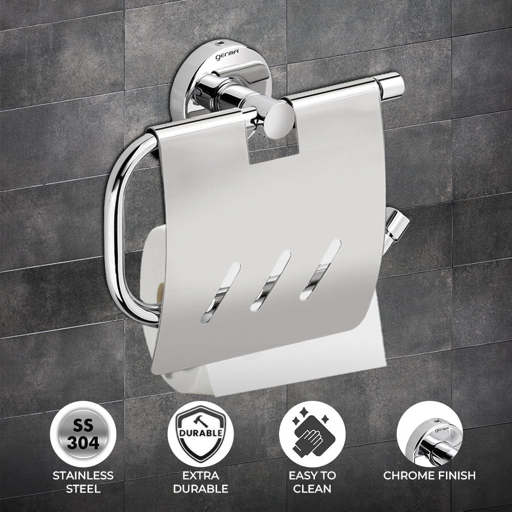 Germa Sanitarywares 304 Stainless Steel Toilet Paper Holder with Flap Guard for Bathroom | Tissue Paper Roll Holder | Toilet Tissue Paper Holder | Paper Bundle Holder | Bathroom Accessories (Chrome) - TR 9128 Paper Holder With Flap Guard