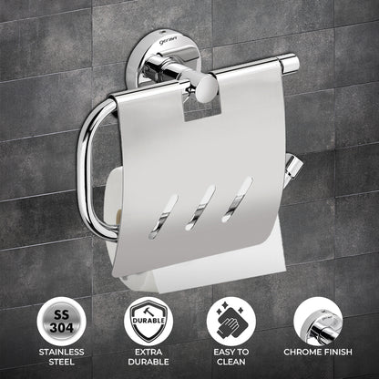 Germa Sanitarywares 304 Stainless Steel Toilet Paper Holder with Flap Guard for Bathroom | Tissue Paper Roll Holder | Toilet Tissue Paper Holder | Paper Bundle Holder | Bathroom Accessories (Chrome) - TR 9128 Paper Holder With Flap Guard