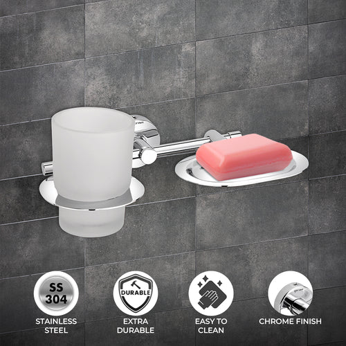 304 Stainless Steel Soap Dish with Tumbler Holder for Bathroom | 2 in 1 Soap Dish with Tumbler Holder | Soap Dish | Tumbler Holder | Bathroom Accessories (Chrome) - TR 9130 Soap Dish + Tumbler Holder (Glass)