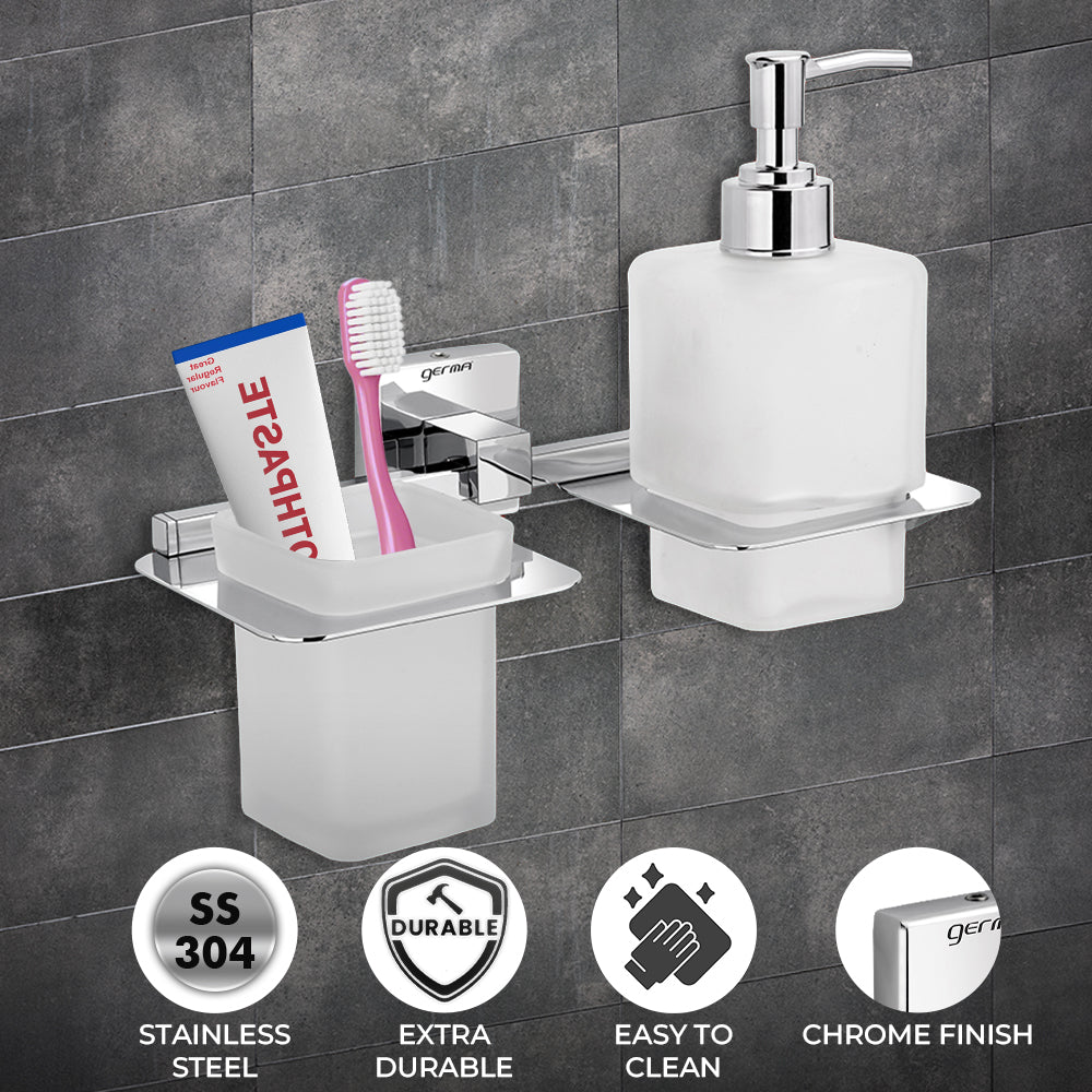 Germa Sanitarywares 304 Grade Stainless Steel Liquid Soap Dispenser with Tumbler Holder for Bathroom | 2 in 1 | Shampoo Dispenser | Tooth Brush Holder | Bathroom Accessories (Chrome) - TR 9155 Tumbler Holder + Liquid Soap Dispenser(Glass)