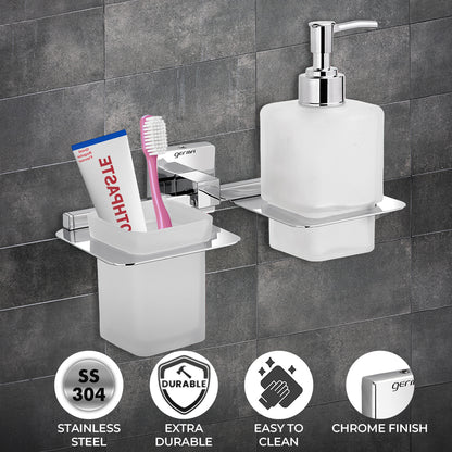 Germa Sanitarywares 304 Grade Stainless Steel Liquid Soap Dispenser with Tumbler Holder for Bathroom | 2 in 1 | Shampoo Dispenser | Tooth Brush Holder | Bathroom Accessories (Chrome) - TR 9155 Tumbler Holder + Liquid Soap Dispenser(Glass)