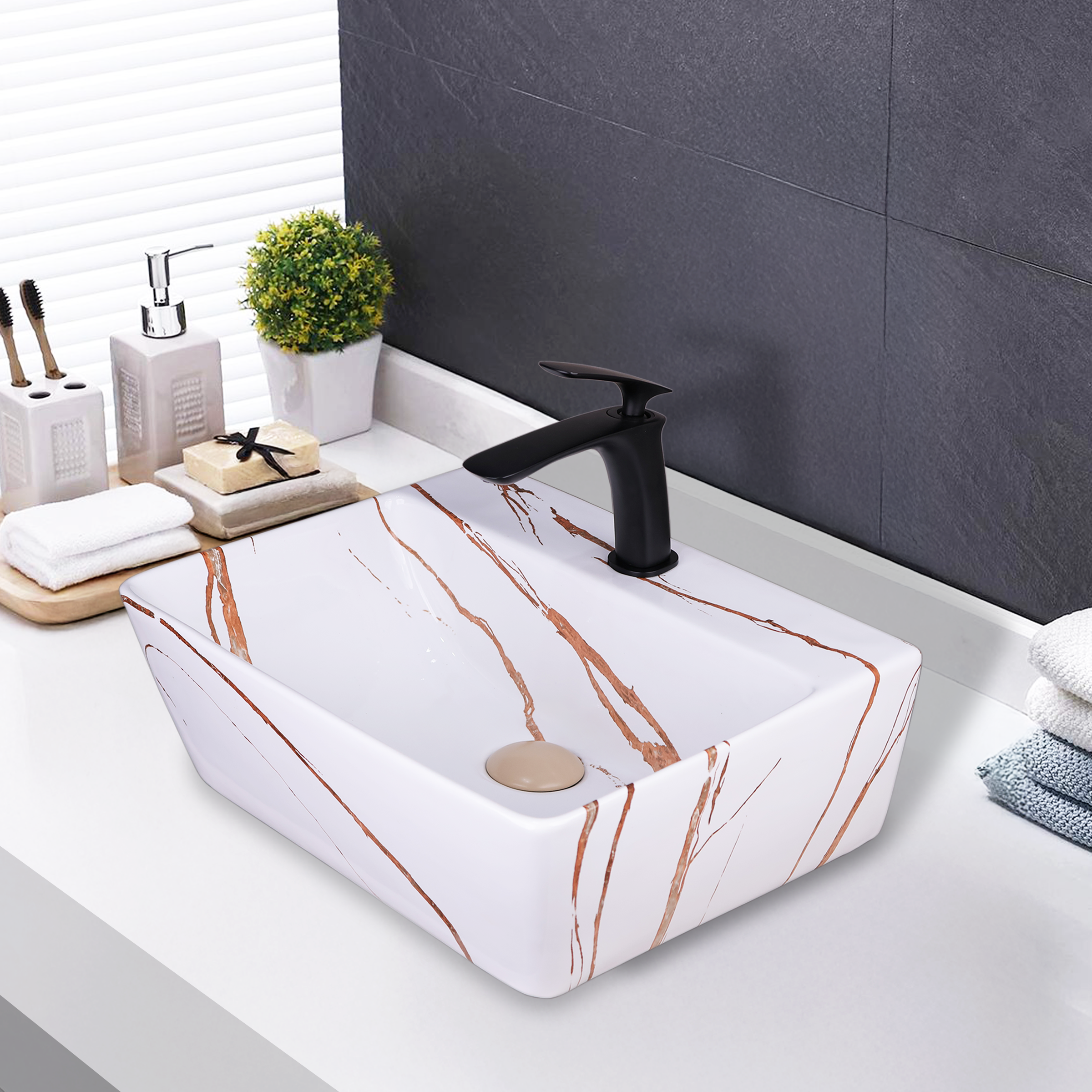 Germa Designer Wash Basin For Bathroom | Ceramic Table Top Wash Basin | Counter Top Wash Basin For Restaurants, Home Living Room |46x36x16cm| Rectangle Shape
