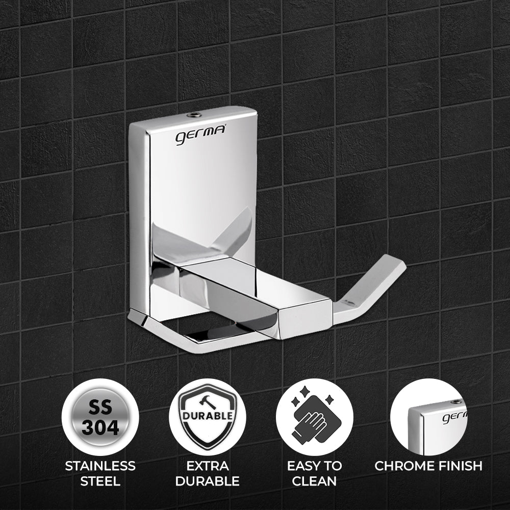 Germa Sanitarywares 304 Stainless Steel Robe Hook for Bathroom | Double Side Cloth Hook Stand Holder| Cloth and Towel Hanger | Robe Hook| Bathroom Accessories (Chrome) - TR 9107 Robe Hook