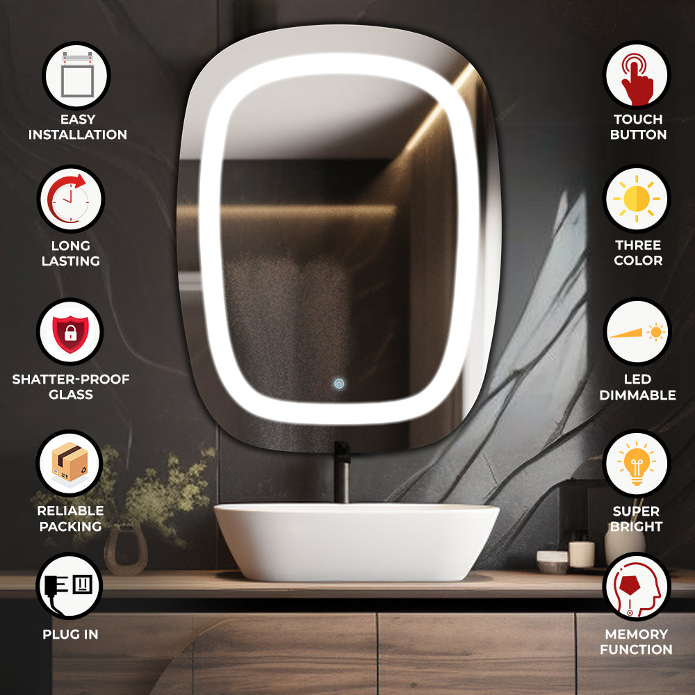 Germa LED Mirror for Bathroom with 3Lights Color Tone and Touch Sensor/Designer Mirror for Living Bed &Bath Room/Dimmable and Memory Function Wall Mirror–Rectangular Shape(18x24Inch) - TR LED 7571