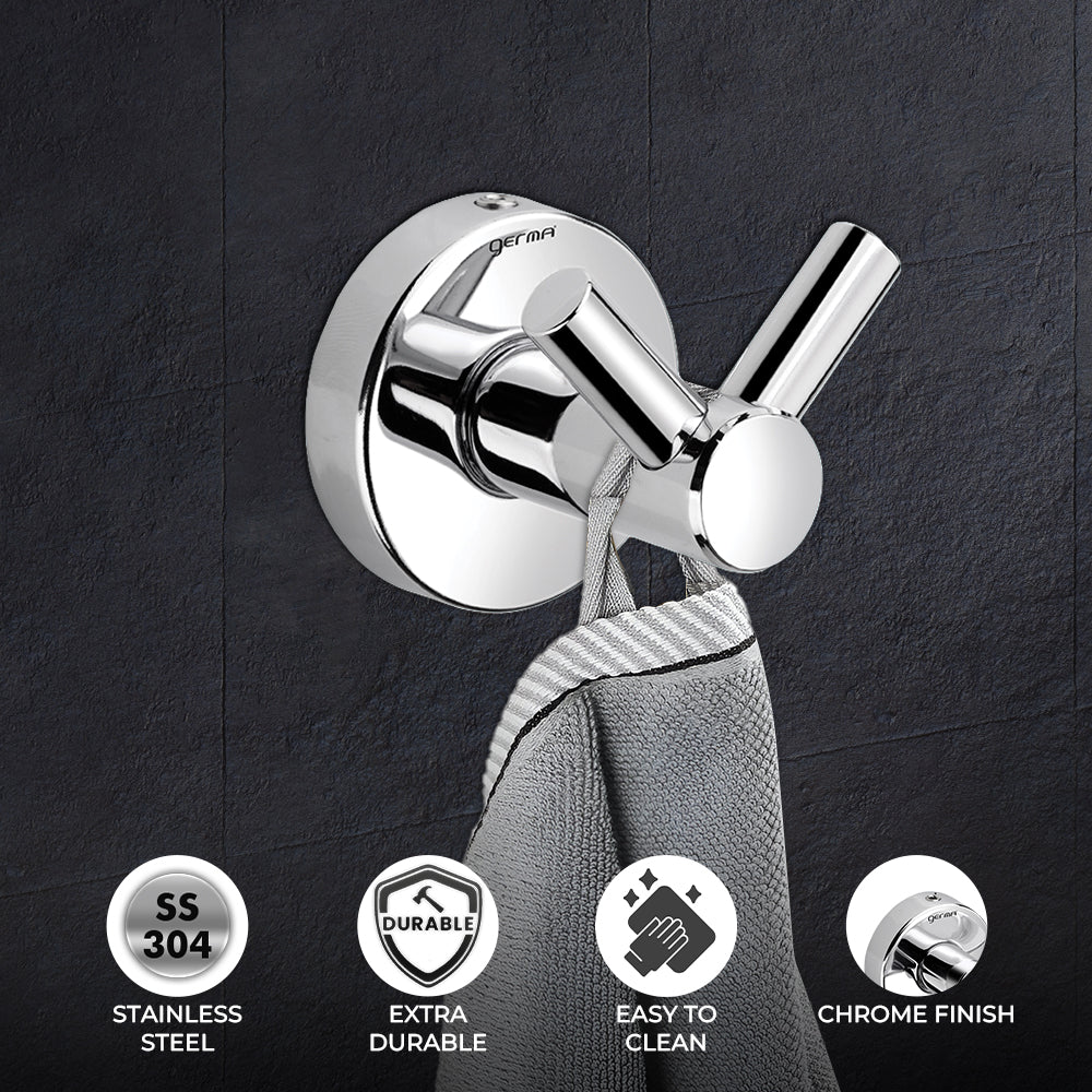 Germa Sanitarywares 304 Stainless Steel Robe Hook for Bathroom | Double Side Cloth Hook Stand Holder| Cloth and Towel Hanger | Robe Hook | Bathroom Accessories (Chrome) - TR 9127 Robe Hook