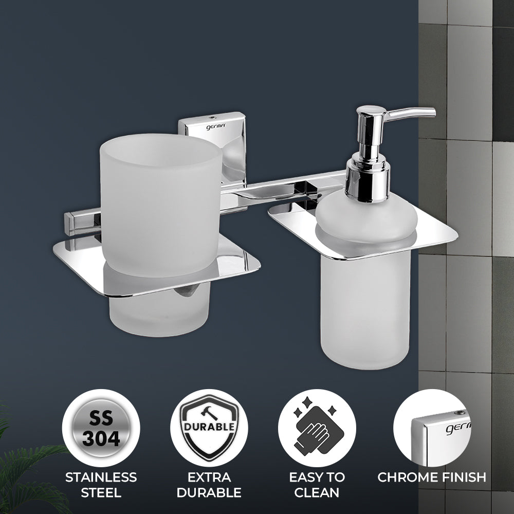 Germa Sanitarywares 304 Grade Stainless Steel Liquid Soap Dispenser with Tumbler Holder for Bathroom | 2 in 1 | Tooth Brush Holder | Shampoo Dispenser | Bathroom Accessories (Chrome) - TR 9115 Tumbler Holder + Liquid Soap Dispenser (Glass)