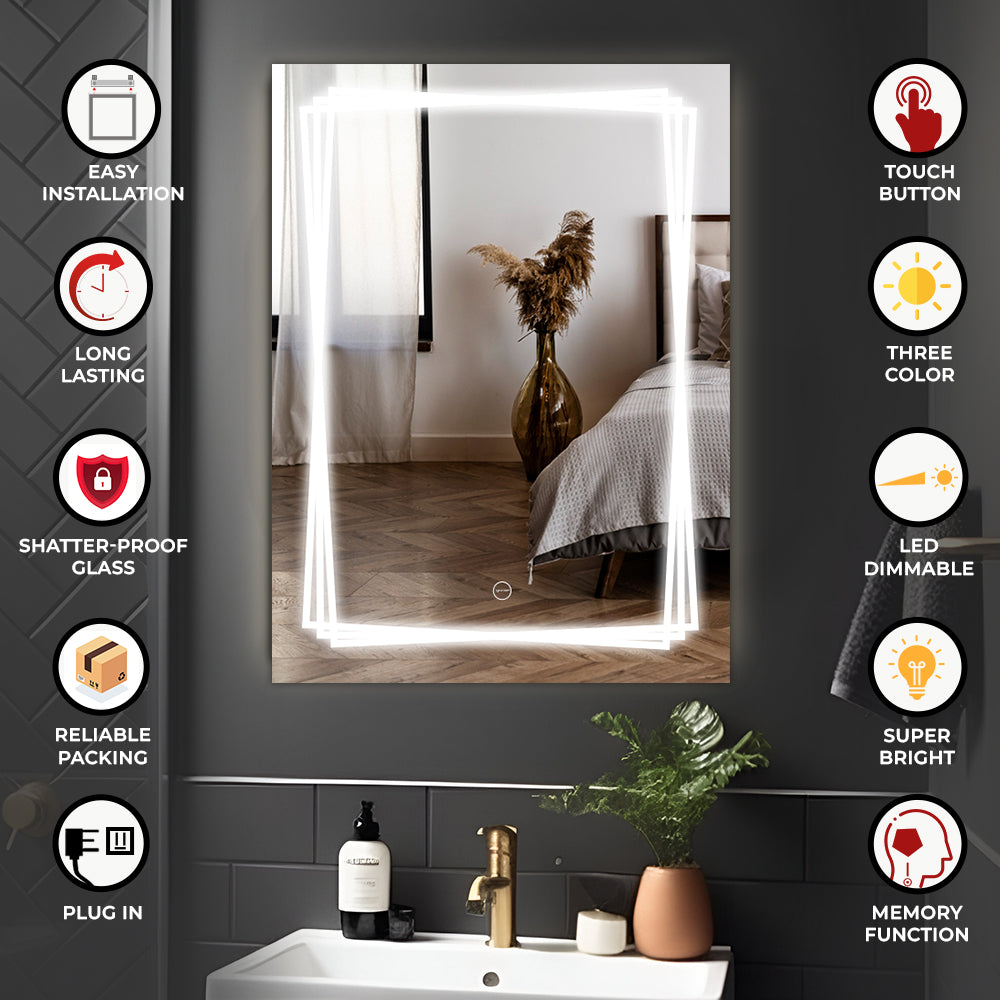 Germa LED Mirror for Bathroom with 3Lights Color Tone and Touch Sensor/Luxury Designer Mirror for Living & Bed Room/Dimmable and Memory Function Wall Mirror–Rectangular Shape(18x24Inch) - TR LED 7552- 3X Line