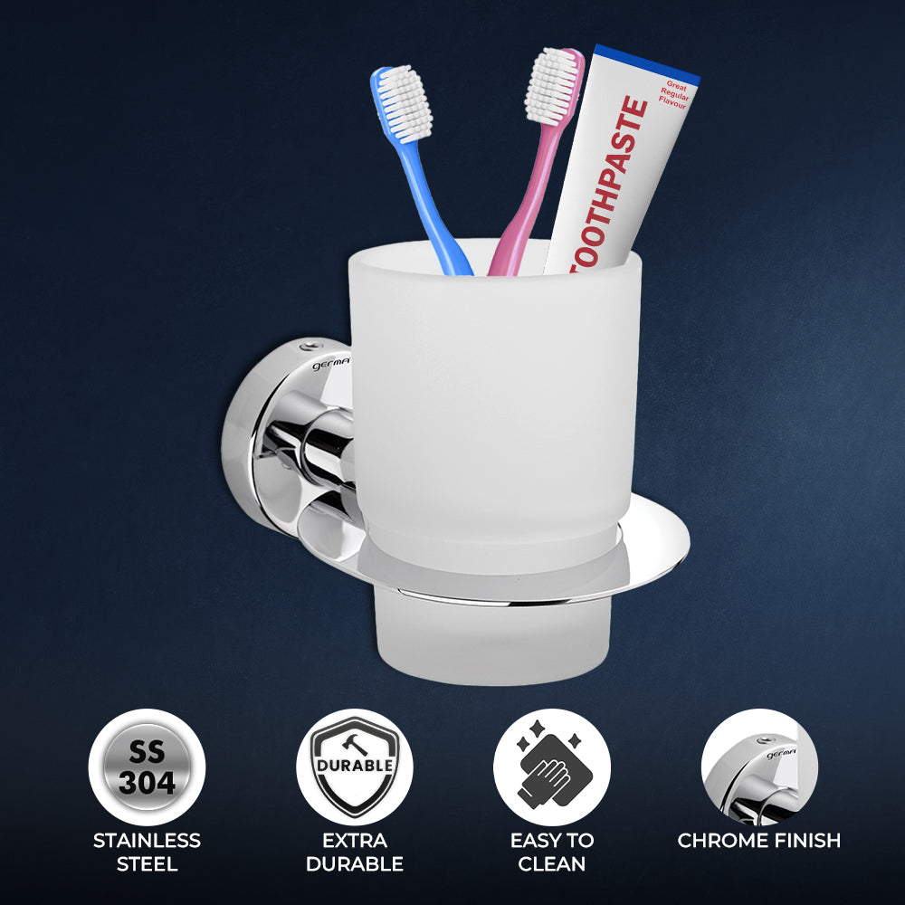 Germa Sanitarywares 304 Stainless Steel Tumbler Holder for Bathroom | Brush and Toothpaste Holder for Wash Room | Glass Tumbler Stand | Bathroom Accessories (Chrome) - TR 9126 Tumbler Holder (Glass)