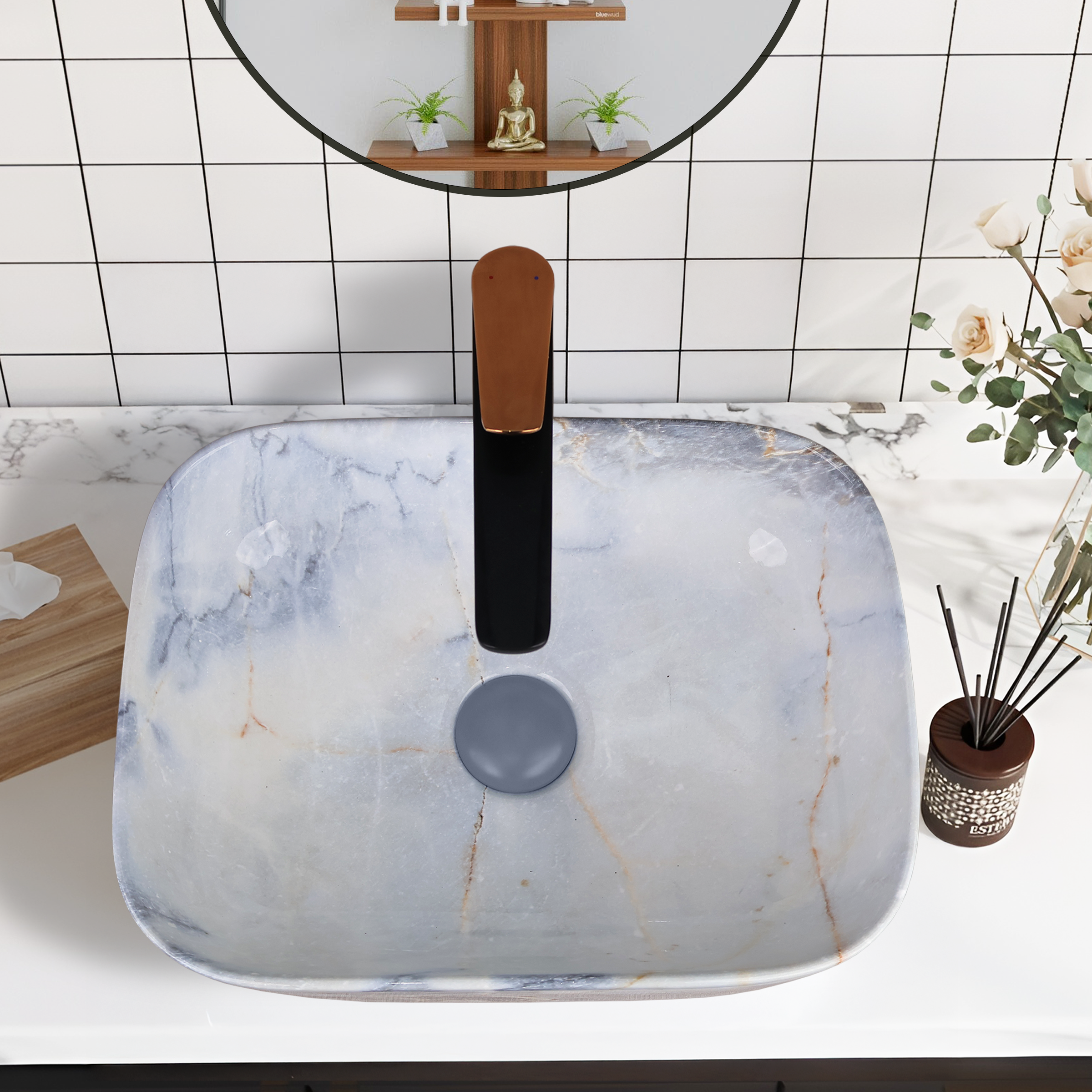 Designer Wash Basin For Bathroom | Ceramic Table Top Wash Basin | Counter Top Wash Basin For Restaurants, Home Living Room |41x31x14cm| Rectangle Shape