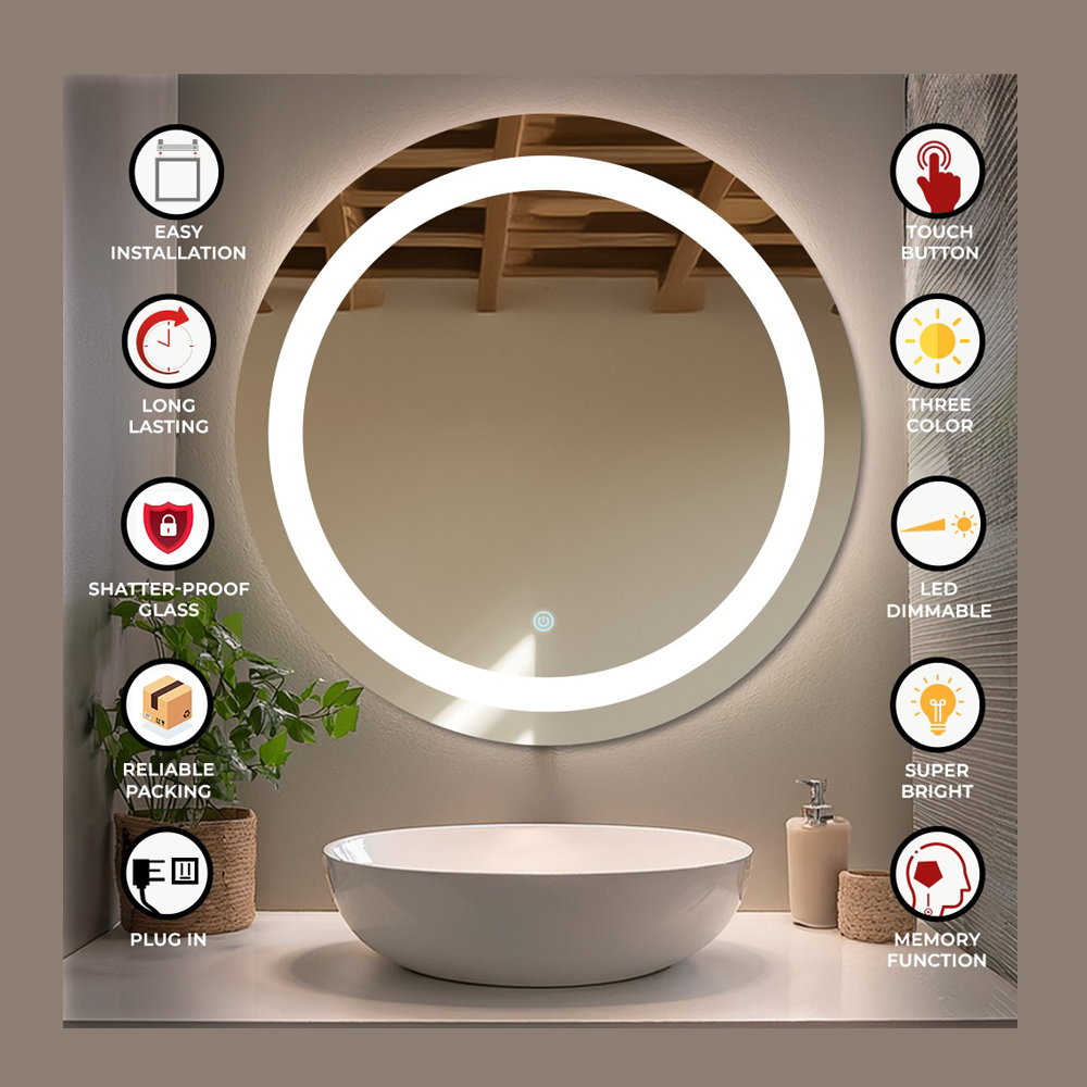 Germa LED Mirror for Bathroom with 3Lights Color Tone and Touch Sensor/Designer Mirror for Dressing,Living & Bed Room/Dimmable and Memory Function Wall Mirror–Round Shape (24x24Inch) - TR LED 7551
