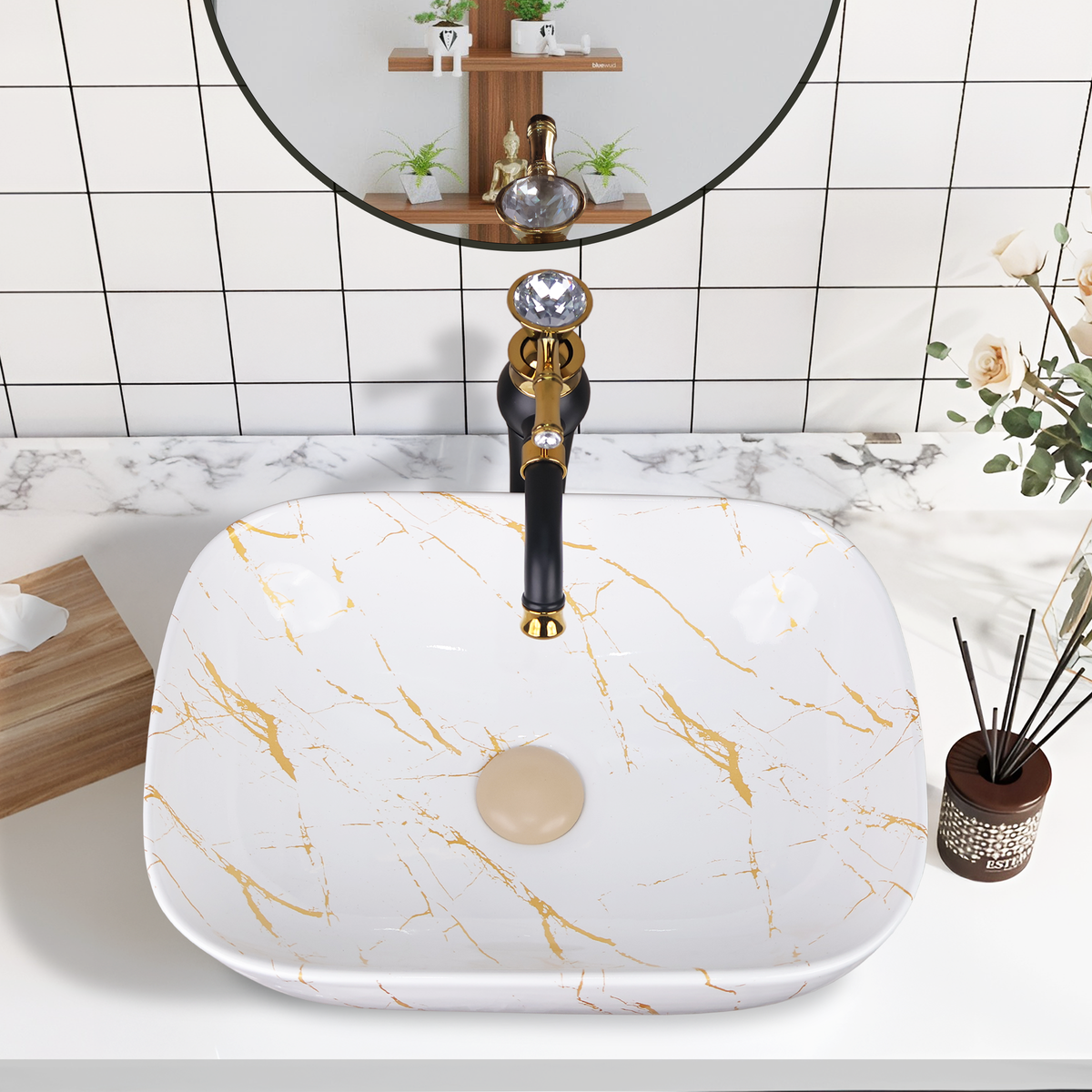 Germa Designer Wash Basin For Bathroom |Ceramic Table Top Wash Basin| Counter Top Basin For Restaurants,Living Room |45.5x32x14cm|Rectangle Shape