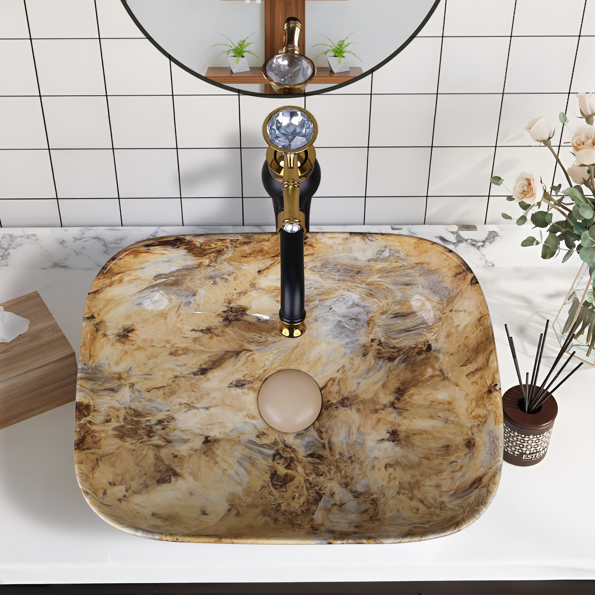 Designer Wash Basin For Bathroom | Ceramic Table Top Wash Basin | Counter Top Wash Basin For Restaurants, Home Living Room |41x31x14cm| Rectangle Shape