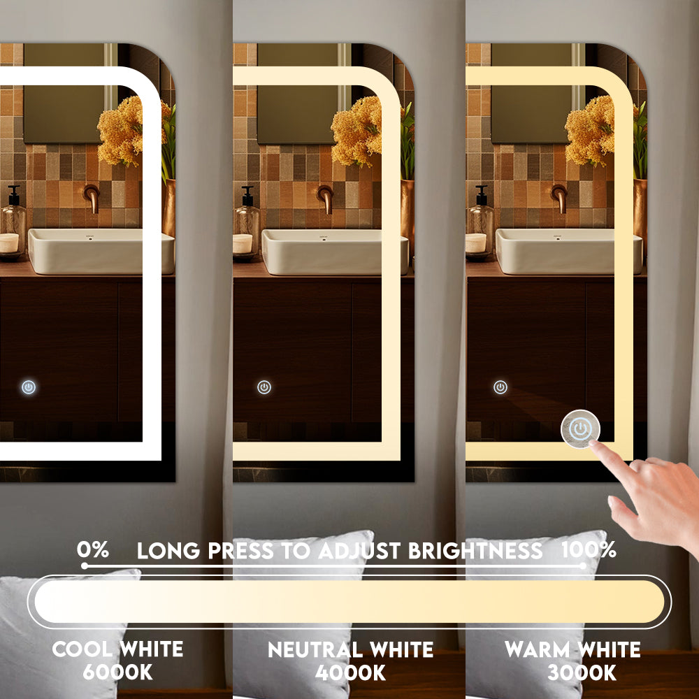 Germa One Side Curve Edge LED Mirror for Bathroom with 3Lights Color Tone and Touch Sensor/Designer Mirror for Living&Bed Room/Dimmable and Memory Function - Rectangle(18x24Inch) - TR LED 7557